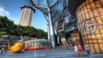 愛雍·烏節購(gòu)物(wù)中(zhōng)心 (ION Orchard) 的日間外觀，背景是詩家董 (TANGS)