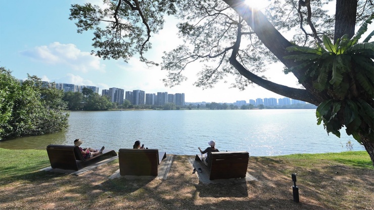 人們在裕廊湖(hú)花(huā)園内的湖(hú)濱區(qū) (Lakeside Promenade) 休閑放松