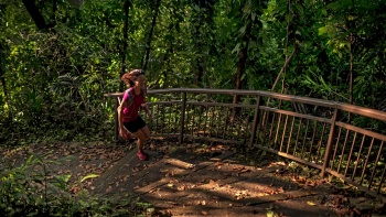 一位女士正沿着花(huā)柏山(shān)公(gōng)園瑪朗小(xiǎo)徑 (Marang Trail) 的階梯小(xiǎo)跑